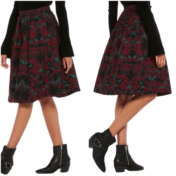 Scotch & Soda Floral Mid Rise A-Line Pleated Black Red Midi Skirt Size XS - Picture 1 of 14